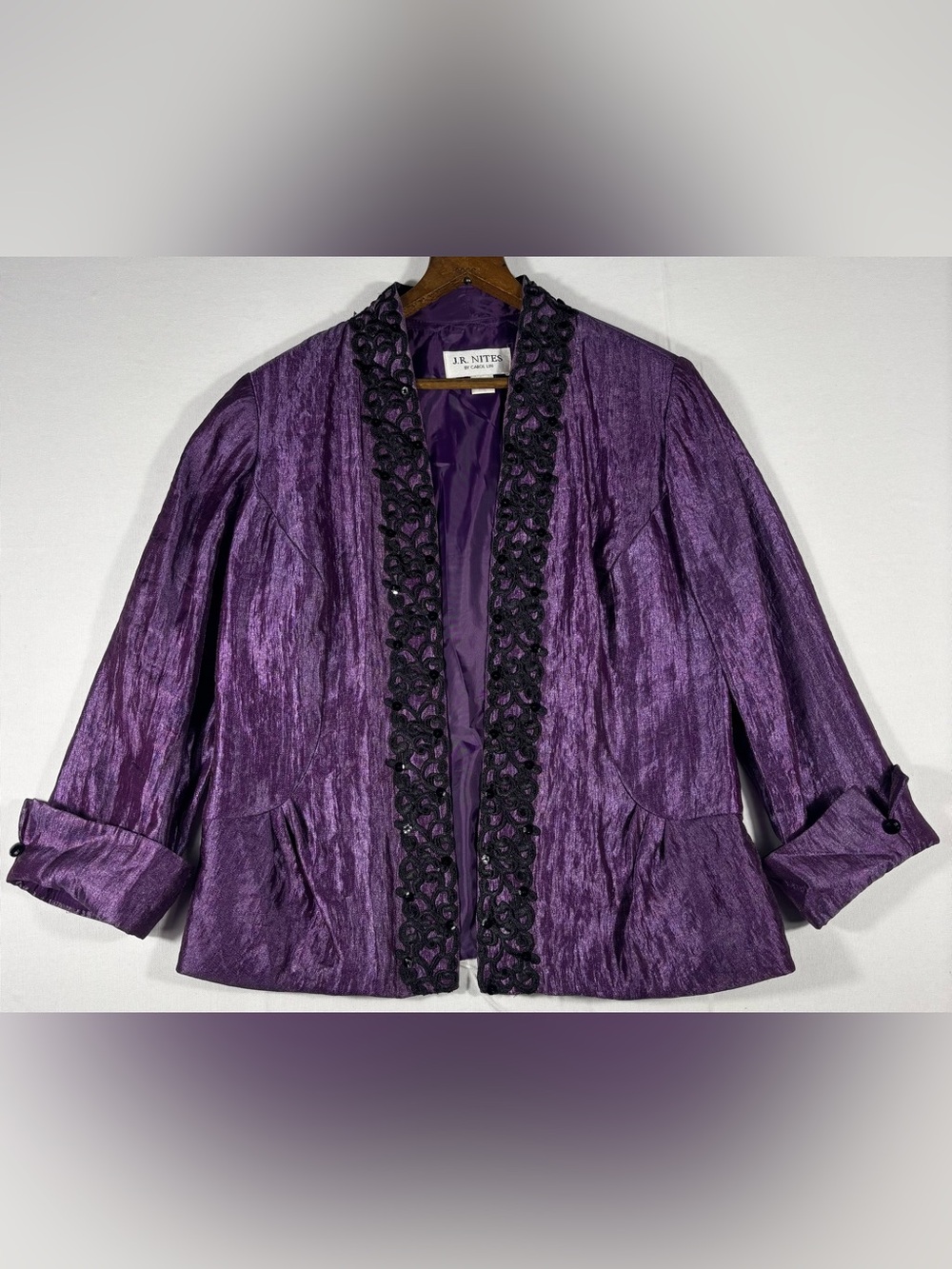 J.R. Nites by Carol Lin Women’s 10 Purple Embellished Open Front Short Blazer